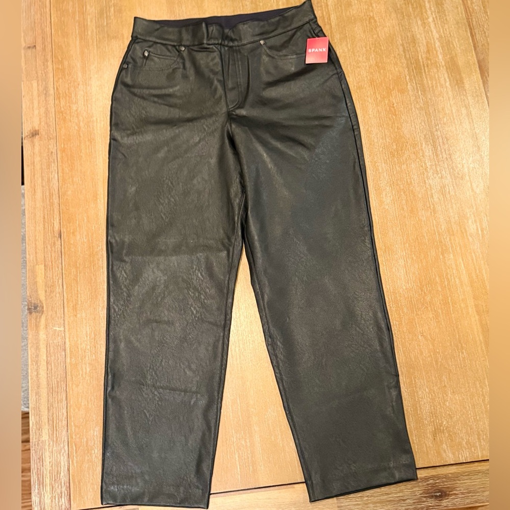 NWT Spanx Slim Straight Faux Leather Pants Black Pull-On Ankle High Rise‎ Sz L
